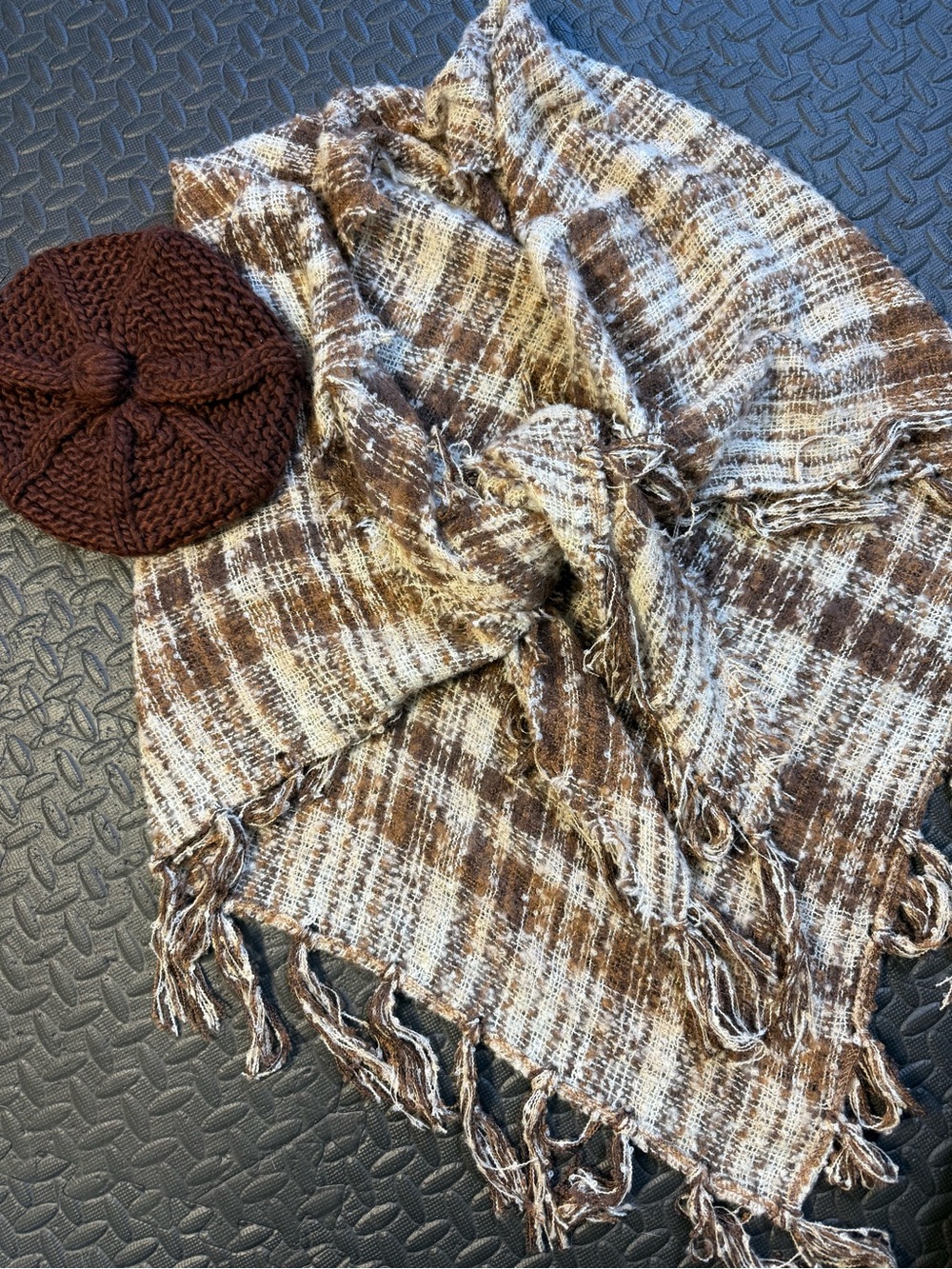 Brown Cream Plaid Triangle Scarf Fringe Shawl & Chunky Knit Beret Hat Set